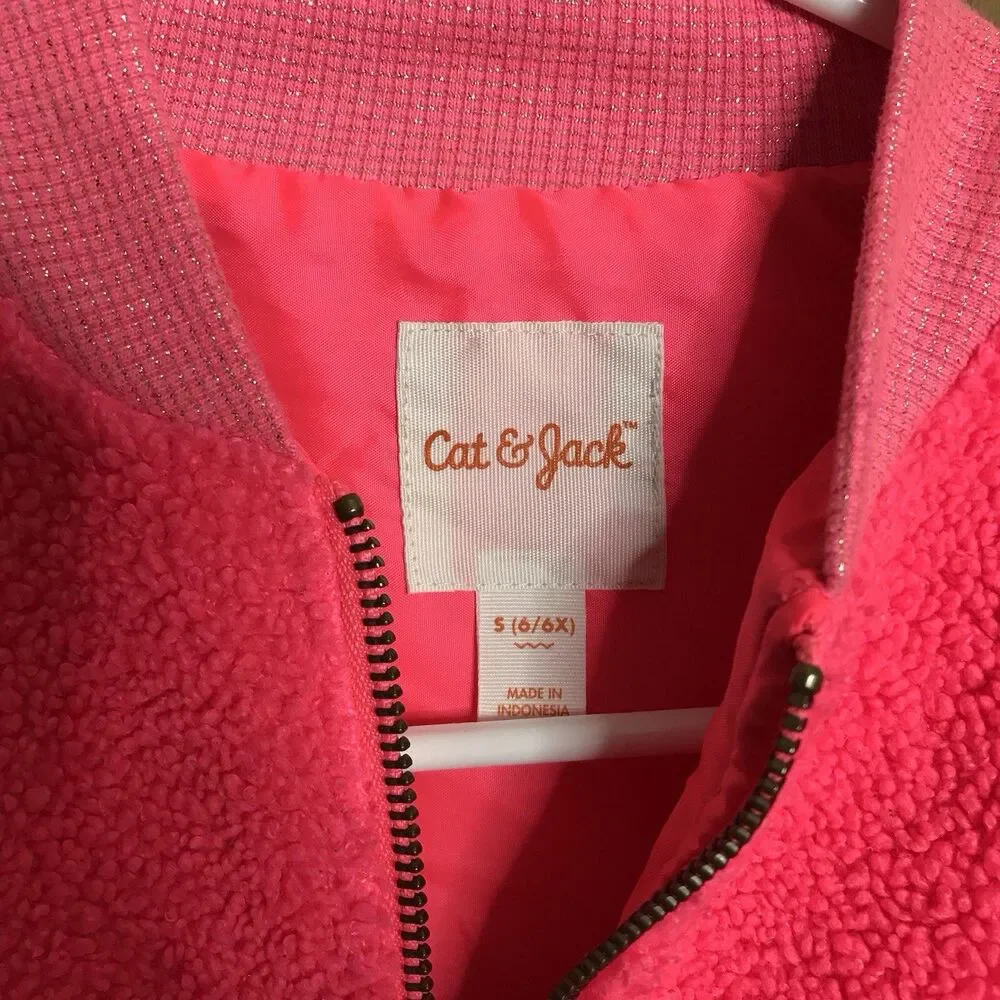 Cat & Jack Kids Girls S (6/6X) Fushia Pink Sherpa Fleece Full Zip Bomber Jacket